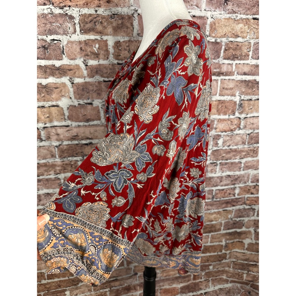 Lucky Brand Red Floral Boho Henley Tunic Blouse Plus Size 2X 3/4 Sleeve Border - Picture 5 of 14